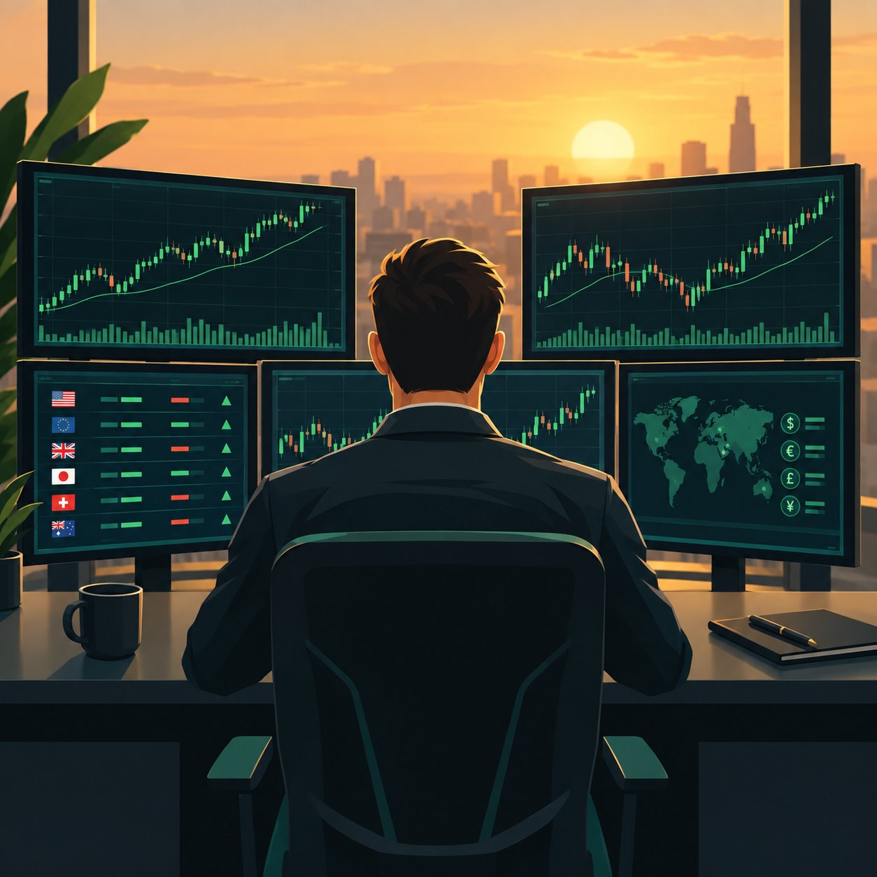 Professional forex trader at a multi monitor desk viewing currency charts seen from behind